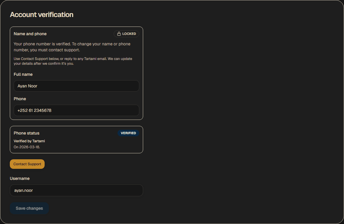 Tartami account verification screen