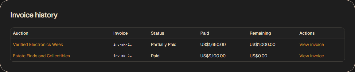 Tartami invoice history listing
